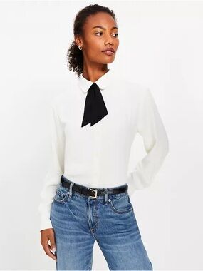 LOFT Cream Button-Down Blouse with Black Neck Tie
